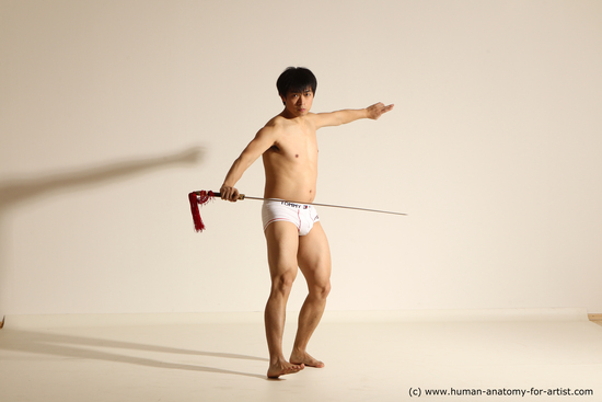 Underwear Fighting with sword Man Asian Slim Short Black Dynamic poses Academic