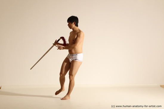 Underwear Fighting with sword Man Asian Slim Short Black Dynamic poses Academic