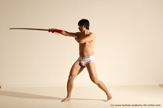 Underwear Fighting with sword Man Asian Slim Short Black Dynamic poses Academic