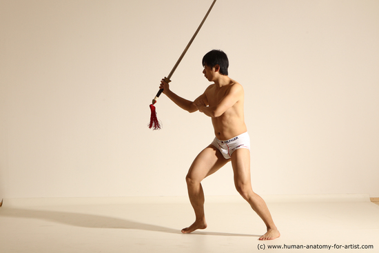 Underwear Fighting with sword Man Asian Slim Short Black Dynamic poses Academic