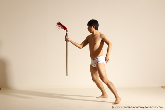 Underwear Fighting with sword Man Asian Slim Short Black Dynamic poses Academic