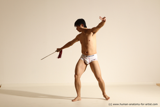 Underwear Fighting with sword Man Asian Slim Short Black Dynamic poses Academic