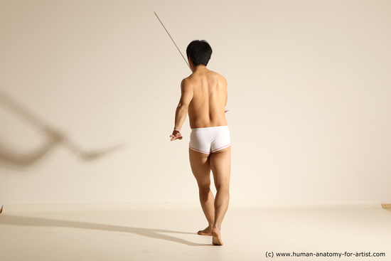 Underwear Fighting with sword Man Asian Slim Short Black Dynamic poses Academic