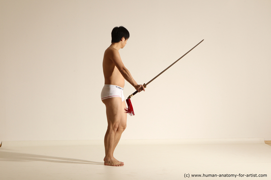 Underwear Fighting with sword Man Asian Slim Short Black Dynamic poses Academic