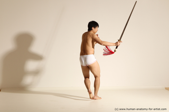 Underwear Fighting with sword Man Asian Slim Short Black Dynamic poses Academic