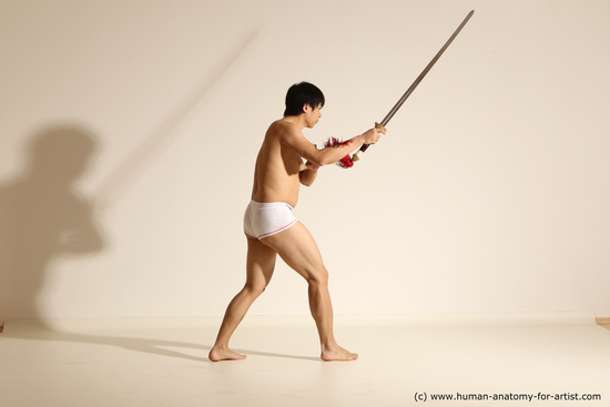 Underwear Fighting with sword Man Asian Slim Short Black Dynamic poses Academic