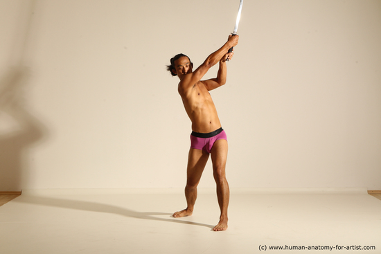 Underwear Fighting with sword Man Asian Athletic Long Black Dynamic poses Academic