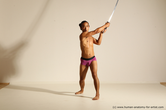 Underwear Fighting with sword Man Asian Athletic Long Black Dynamic poses Academic