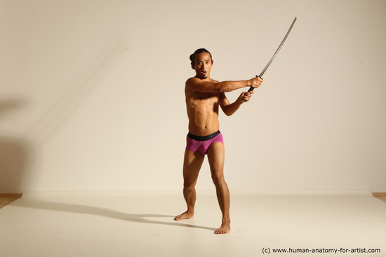 Underwear Fighting with sword Man Asian Athletic Long Black Dynamic poses Academic