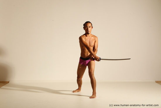 Underwear Fighting with sword Man Asian Athletic Long Black Dynamic poses Academic