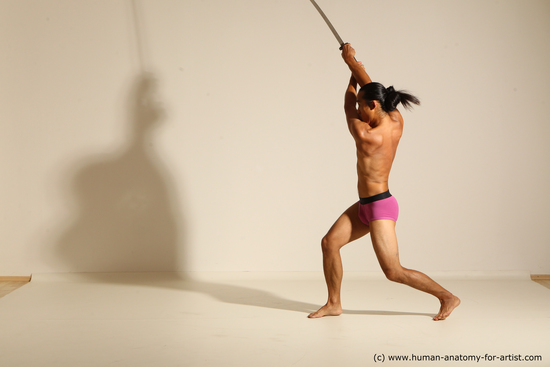 Underwear Fighting with sword Man Asian Athletic Long Black Dynamic poses Academic