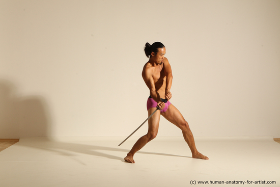 Underwear Fighting with sword Man Asian Athletic Long Black Dynamic poses Academic