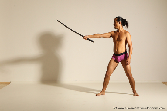 Underwear Fighting with sword Man Asian Athletic Long Black Dynamic poses Academic