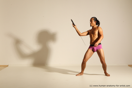 Underwear Fighting with sword Man Asian Athletic Long Black Dynamic poses Academic