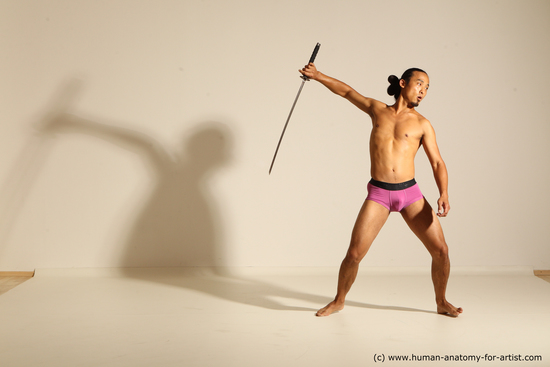 Underwear Fighting with sword Man Asian Athletic Long Black Dynamic poses Academic