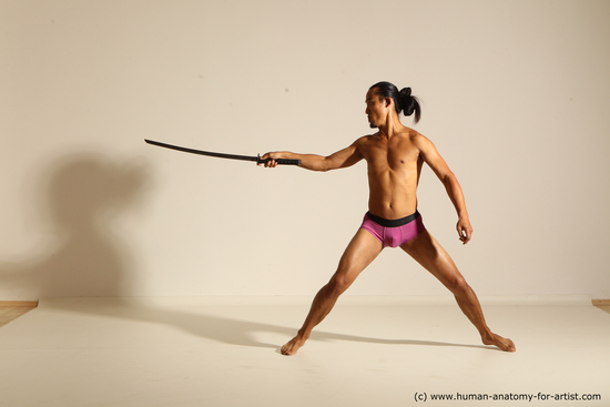 Underwear Fighting with sword Man Asian Athletic Long Black Dynamic poses Academic