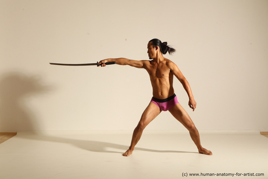 Underwear Fighting with sword Man Asian Athletic Long Black Dynamic poses Academic