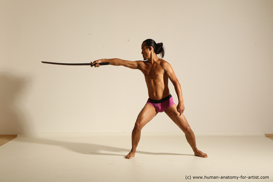 Underwear Fighting with sword Man Asian Athletic Long Black Dynamic poses Academic