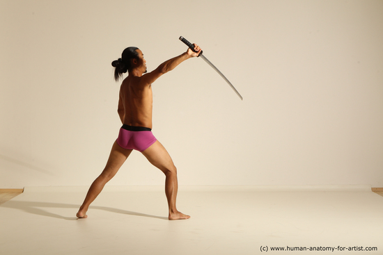 Underwear Fighting with sword Man Asian Athletic Long Black Dynamic poses Academic