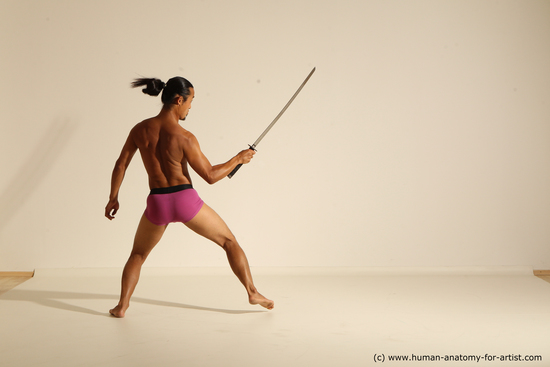 Underwear Fighting with sword Man Asian Athletic Long Black Dynamic poses Academic