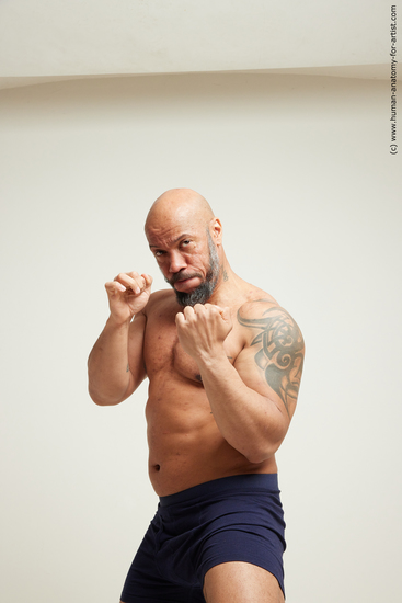 Underwear Fighting Man Black Moving poses Muscular Bald Dynamic poses Academic