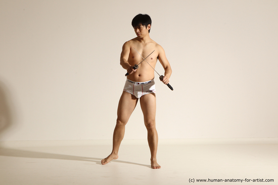 Underwear Fighting with sword Man Asian Standing poses - ALL Slim Short Black Dynamic poses Academic Fighting poses - ALL