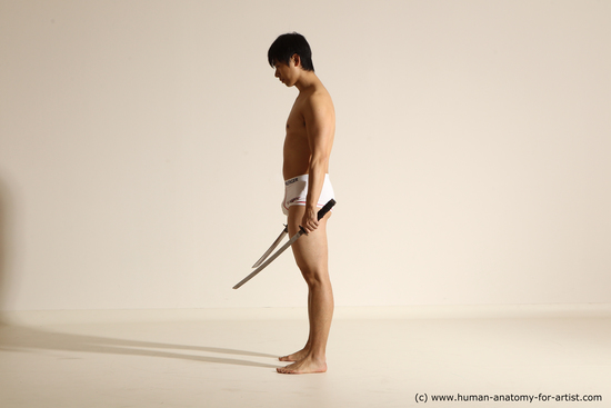 Underwear Fighting with sword Man Asian Standing poses - ALL Slim Short Black Dynamic poses Academic Fighting poses - ALL