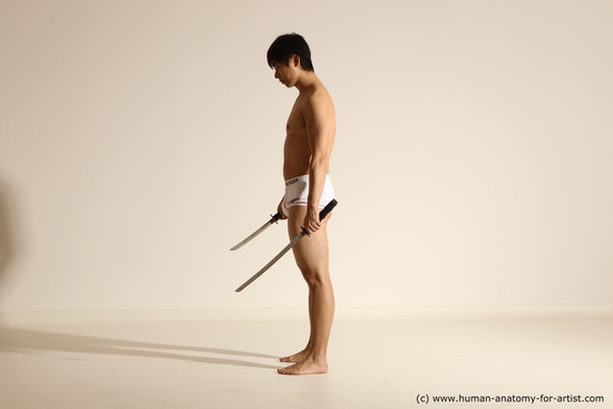 Underwear Fighting with sword Man Asian Standing poses - ALL Slim Short Black Dynamic poses Academic Fighting poses - ALL