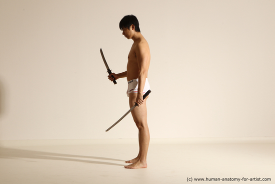 Underwear Fighting with sword Man Asian Standing poses - ALL Slim Short Black Dynamic poses Academic Fighting poses - ALL