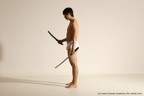 Underwear Fighting with sword Man Asian Standing poses - ALL Slim Short Black Dynamic poses Academic Fighting poses - ALL