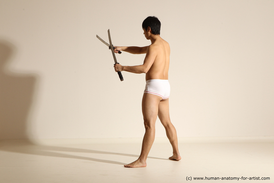 Underwear Fighting with sword Man Asian Standing poses - ALL Slim Short Black Dynamic poses Academic Fighting poses - ALL