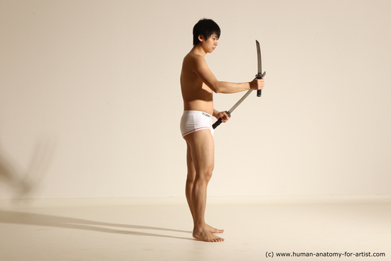 Underwear Fighting with sword Man Asian Standing poses - ALL Slim Short Black Dynamic poses Academic Fighting poses - ALL