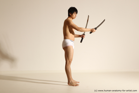 Underwear Fighting with sword Man Asian Standing poses - ALL Slim Short Black Dynamic poses Academic Fighting poses - ALL