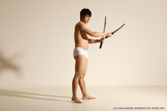 Underwear Fighting with sword Man Asian Standing poses - ALL Slim Short Black Dynamic poses Academic Fighting poses - ALL