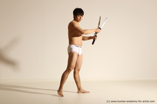 Underwear Fighting with sword Man Asian Standing poses - ALL Slim Short Black Dynamic poses Academic Fighting poses - ALL