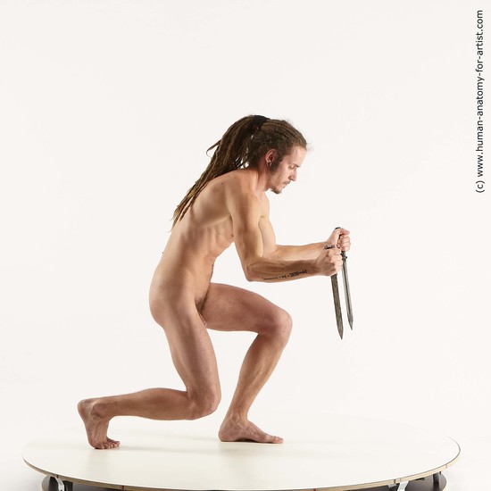 Nude Fighting with knife Man White Kneeling poses - ALL Athletic Brown Kneeling poses - on both knees Dreadlocks Standard Photoshoot Realistic Fighting poses - ALL