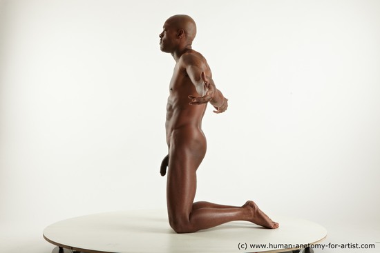 Nude Man Black Kneeling poses - ALL Athletic Bald Kneeling poses - on both knees Standard Photoshoot Realistic