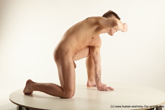 Nude Man White Kneeling poses - ALL Athletic Short Brown Kneeling poses - on one knee Standard Photoshoot Realistic