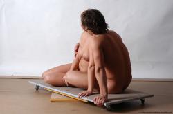 Nude Woman - Man White Laying poses - ALL Slim Short Brown Laying poses - on back Realistic
