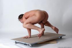 Nude Gymnastic poses Man White Slim Short Brown Realistic