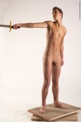 Nude Fighting with sword Man White Standing poses - ALL Slim Short Brown Standing poses - simple Realistic