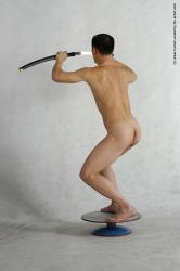 Nude Fighting with sword Man Asian Standing poses - ALL Slim Short Black Standing poses - simple Realistic