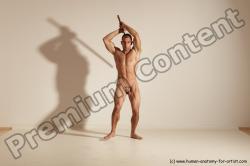 Nude Fighting with sword Man White Standing poses - ALL Muscular Short Brown Standing poses - simple Dynamic poses Realistic