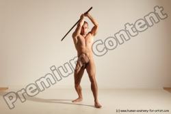 Nude Fighting with sword Man White Standing poses - ALL Muscular Short Brown Standing poses - simple Dynamic poses Realistic