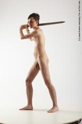 Nude Fighting with sword Man White Slim Short Brown Realistic