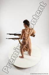 Nude Fighting with submachine gun Woman - Man White Slim Short Brown Multi angles poses Realistic