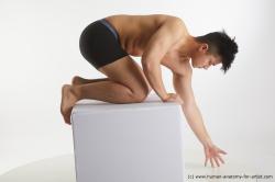 Underwear Man Asian Kneeling poses - ALL Slim Short Kneeling poses - on both knees Black Standard Photoshoot Academic