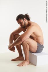 Underwear Man Black Sitting poses - simple Muscular Long Brown Sitting poses - ALL Standard Photoshoot Academic